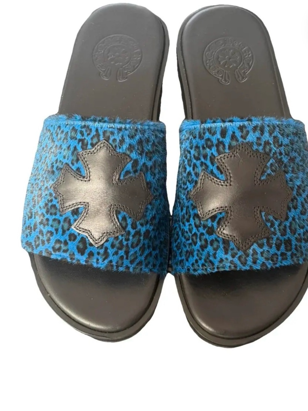 Chrome Hearts Blue Leopard Print Slide Sandals with Black Cross